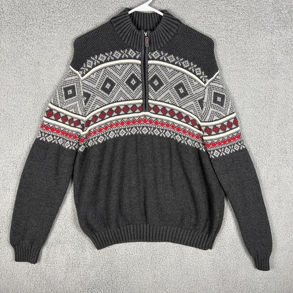 Izod Other - Izod Mens Fair Isles Sweater Size L Gray 1/4 Zip Pullover Mock Neck‎ Knit Nordic